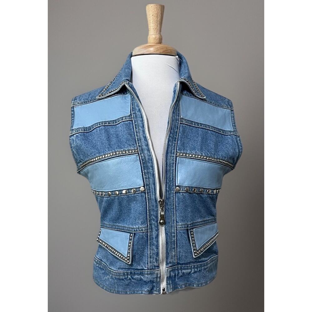 Vtg 80s 90s Isabella Sole Cache Denim Vest Leather Trim & Studs Glam Rock Grunge